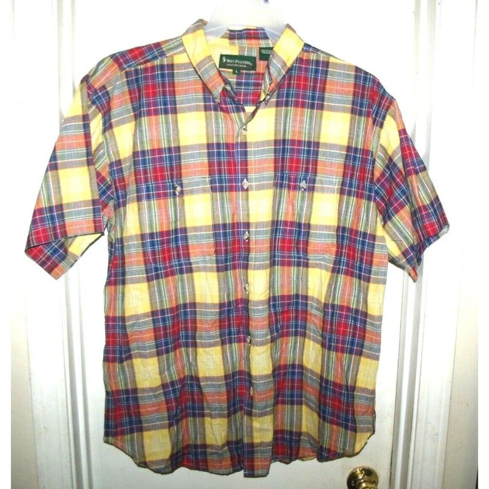 Bert Pulitzer Red Green Blue Yellow Plaid Button Front Short Sleeve Top Shirt L